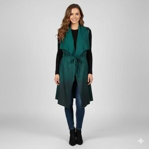 Shinestar Women Teal Ombre Open Front Long Vest Duster Tie Waist Size L